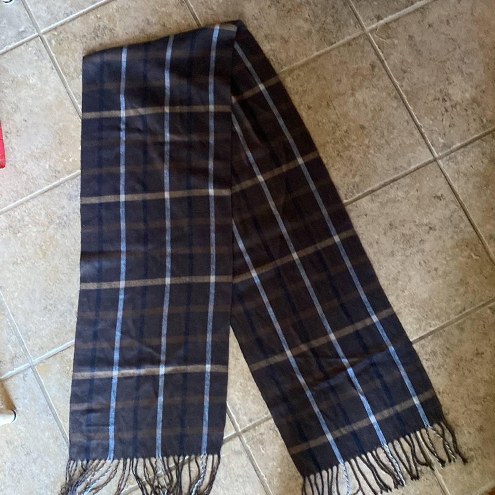 Pierre Cardin VTG Fine Muffler (Cashmillion) brown/blue/cream plaid scarf, 72x12